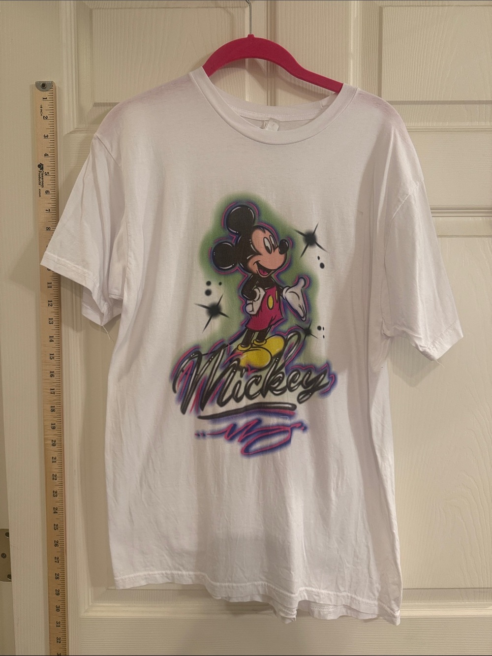 Disney White Mickey Mouse Airbrush Graphic Tee with Neon Accents